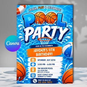 Faire-part d'anniversaire de basket-ball au bord de la piscine, modèle d'invitation Slam Dunk Summer Splash, fête de natation de sport pour enfants, auto-édition Canva, téléchargement C019