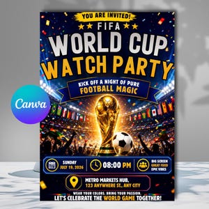 May include: A FIFA World Cup watch party invitation flyer featuring a gold trophy and soccer ball against a stadium background. Text includes YOU ARE INVITED, WORLD CUP WATCH PARTY, KICK OFF A NIGHT OF PURE FOOTBALL MAGIC, JULY 19, 2026, 08:00 PM.
