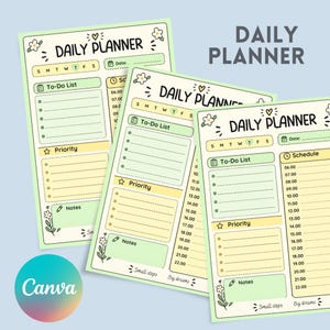 Puede incluir: Tres hojas de planificador diario con borde verde claro, que incluyen secciones para lista de tareas, prioridades, notas y un horario de 06:00 a 22:00. Cada hoja presenta un campo de fecha, días de la semana e ilustraciones de flores.