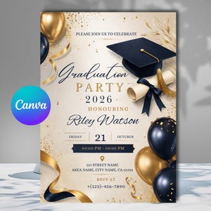 May include: Graduation party invitation with gold and navy blue accents. Features a graduation cap, diploma, and balloons. Includes the text "Graduation Party 2026 Honoring Riley Watson" and event details.