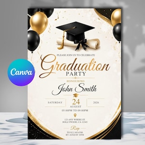 Pode incluir: Um convite para uma festa de formatura com detalhes dourados e pretos. O convite apresenta um capelo, um pergaminho e balões. O texto diz "Festa de Formatura" e inclui o nome, a data, a hora e o local do homenageado.