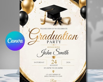 Graduation Party Photo Invitation Template, Black Gold Cap Tassel (Digital Download)