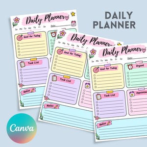 Peut inclure: Un modèle de planificateur quotidien avec des sections aux couleurs pastel pour Goal for Today, Task List et Notes. La mise en page comprend des cases à cocher, des illustrations florales et des icônes comme une cible, un presse-papier et un crayon.