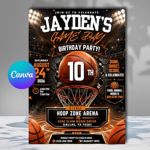 Può includere: Invito per una festa di compleanno a tema basket con un pallone da basket e il testo "Jayden's Game Day Birthday Party!". L'invito include data, ora e luogo: Hoop Zone Arena a Dallas, TX.