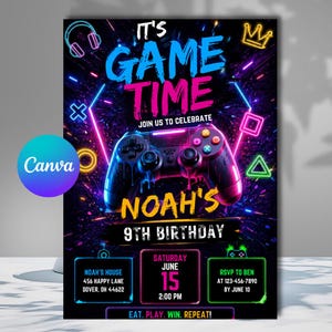 Op de afbeelding: Een levendige uitnodiging voor Noah's 9e verjaardag, met een neon-stijl ontwerp en een gamecontroller. De tekst luidt "It's Game Time" en bevat evenementdetails. Het ontwerp bevat geometrische vormen en een donkere achtergrond.