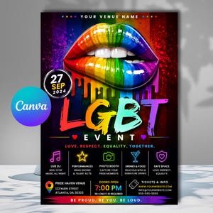 May include: A vertical event flyer featuring a large pair of rainbow-colored lips with dripping paint effects. The text reads LGBT EVENT, LOVE. RESPECT. EQUALITY. TOGETHER., 27 SEP 2024, and includes icons for music, stars, cameras, drinks, and shields.
