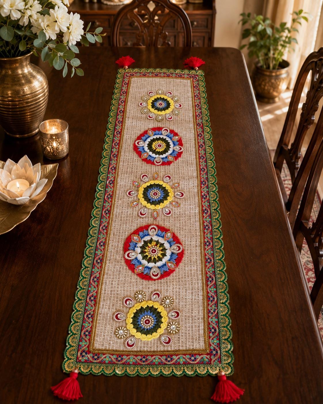 Handcrafted Embroidered Table Runner with Tassels - Festive Dining Decor