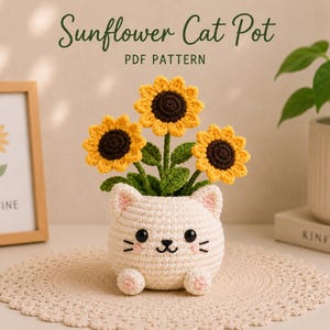 Virkmönster för solroskattkruka, Amigurumi-blomkrukamönster, virkad djurplanter för heminredning, digitalt PDF-mönster