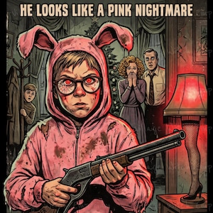 May include: A rectangular poster titled A CHRISTMAS HORROR STORY HE LOOKS LIKE A PINK NIGHTMARE featuring a child in a torn pink bunny suit holding a Red Ryder rifle. The child has red eyes and broken glasses. A leg lamp and two adults are in the background.