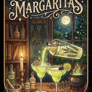 Digitalt tryck med margaritas från midnatt, praktisk magiinspirerad konst, Halloween-köksdekor (nedladdning av PNG)