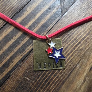 Hand Stamped 'MERICA Bronze Necklace, Patriotic USA Star Charm Pendant, Red Leather Cord Choker, 4th of July Americana Jewelry