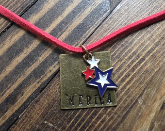 Hand Stamped 'Merica Pendant Necklace with Red White Blue Star - 14 inch