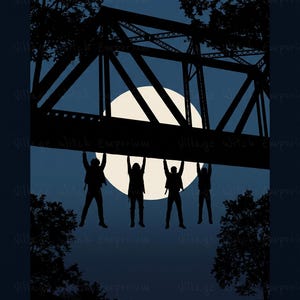 May include: A rectangular graphic print featuring a dark blue night sky with a large, pale yellow full moon behind a black silhouette of a metal truss bridge. Four figures are shown in black silhouette hanging from the bridge structure.
