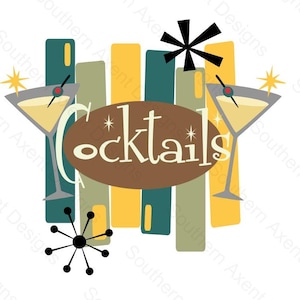 May include: A retro-style graphic featuring the word "Cocktails" in a brown oval, with two martini glasses and starburst accents. The background includes vertical bars in teal, yellow, and olive green.