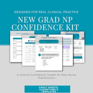 May include: A teal-colored graphic with the text "NEW GRAD NP CONFIDENCE KIT" and "CHEAT SHEETS, ALGORITHMS & TEMPLATES." The image includes several documents with medical information, including "Hypertension" and "Type 2 Diabetes."