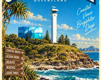 Point Cartwright Travel Poster | Retro Vintage Queensland Wall Art Print | Sunshine Coast Headland Lookout | Digital Download