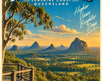 Glass House Mountains Retro Travel Poster | Framed Print | Mid-Century Queensland Wall Art