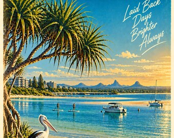 Caloundra Travel Poster | Retro Vintage Queensland Wall Art Print | Sunshine Coast Coastal Passage | Digital Download