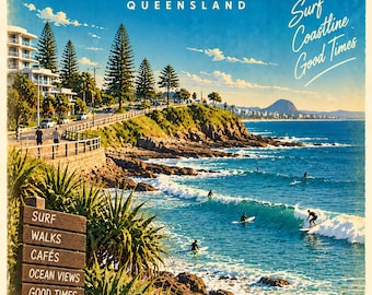Alexandra Headland Retro Travel Poster | Framed Print | Mid-Century Queensland Wall Art