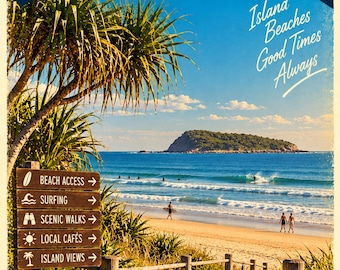 Mudjimba Travel Poster | Retro Vintage Queensland Wall Art Print | Sunshine Coast Beach & Island | Digital Download