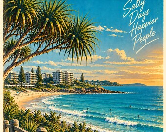 Kings Beach Travel Poster | Retro Vintage Queensland Wall Art Print | Sunshine Coast Beach | Digital Download