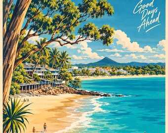 Noosa Travel Poster | Retro Vintage Queensland Wall Art Print | Sunshine Coast Beach | Digital Download