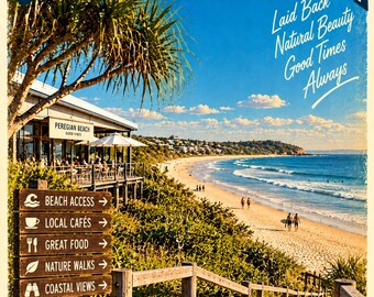 Peregian Beach Retro Travel Poster | Framed Print | Mid-Century Queensland Wall Art