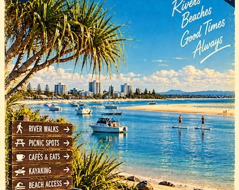 Cotton Tree Travel Poster | Retro Vintage Queensland Wall Art Print | Sunshine Coast Riverside | Digital Download