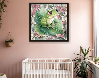 Green Tree Frog Nursery Art Print | Framed Blush Pink Australian Botanical Wall Art