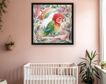 Rainbow Lorikeet Nursery Art Print | Framed Blush Pink Australian Botanical Wall Art