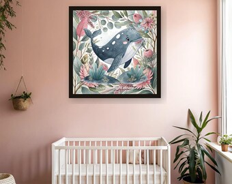 Southern Right Whale Nursery Art Print | Framed Blush Pink Australian Botanical Wall Art