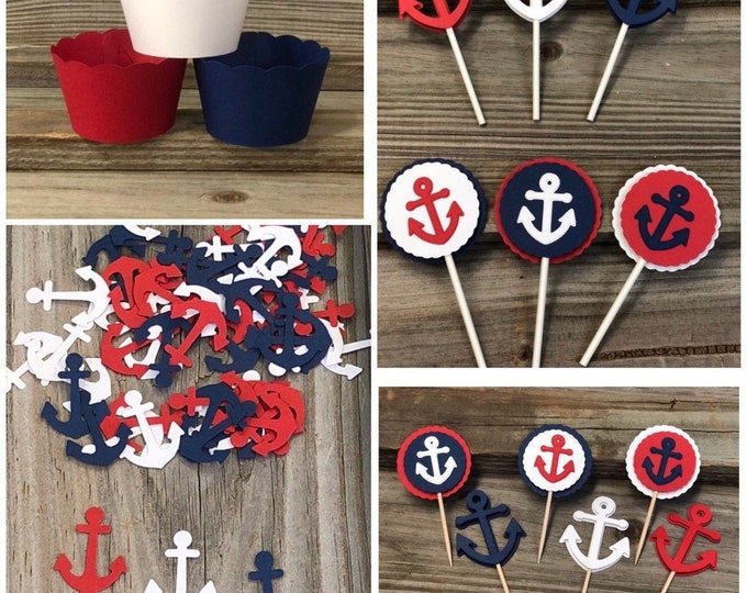 Nautical Anchor Party Pack - Includes: 12 Cupcake Wrappers and Toppers, 12 Food/Party Picks and Confetti - GREAT VALUE-Wedding/Shower/Party