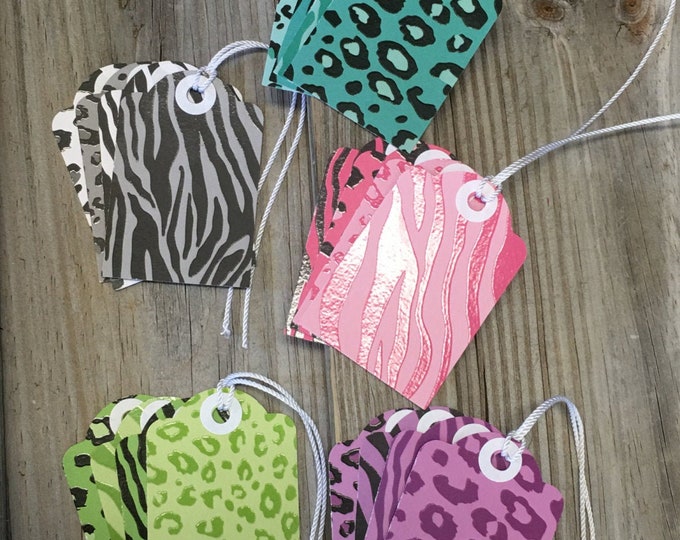 20 - Assorted Animal Print Gift Tags  (3" x 2") with String - Matching Blank Mini Note Cards Available -Tags/Favor Tags/Birthday/Baby Shower
