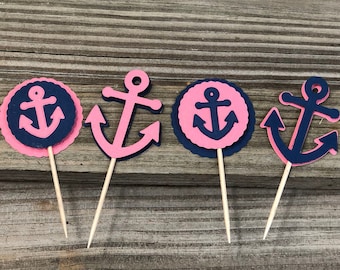 Coral and Navy Blue  Anchor Food/Party Picks - 2 Designs to choose from - Baby Shower/Birthday Party - Decorations/Favors/Nautical Theme