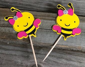 Yellow, Black and Fuchsia BUMBLE BEE Food/Party Picks - Baby Shower/Birthday Party - Decorations/Favors - Girl Bee