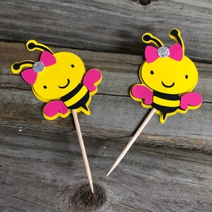 Yellow, Black and Fuchsia BUMBLE BEE Food/Party Picks - Baby Shower/Birthday Party - Decorations/Favors - Girl Bee