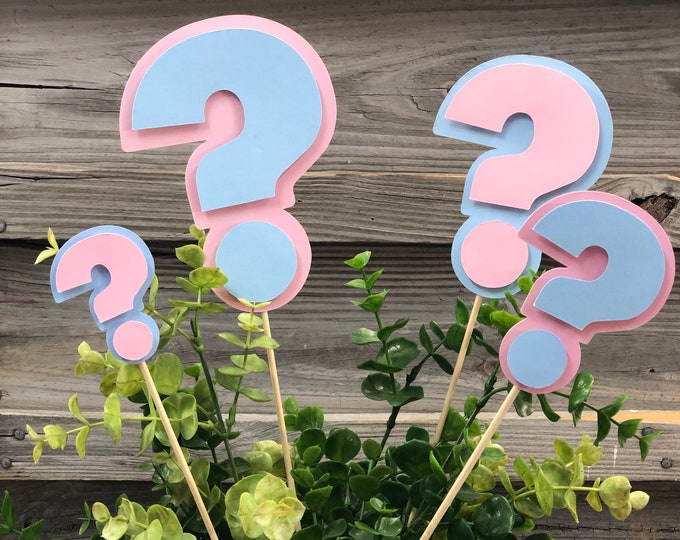 Set of 6-GENDER REVEAL Baby Pink & Baby Blue Question Mark Decorations On Wooden Sticks-Baby Shower/Table Decorations - Choose From 4 Sizes)