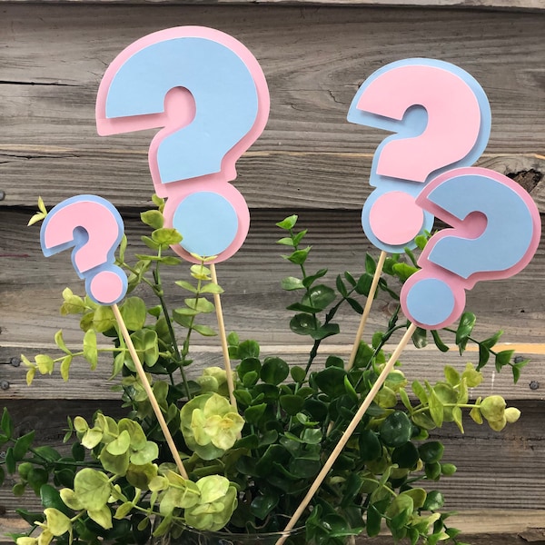 Set of 6-GENDER REVEAL Baby Pink & Baby Blue Question Mark Decorations On Wooden Sticks-Baby Shower/Table Decorations - Choose From 4 Sizes)