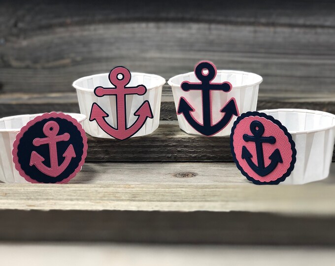 Set of 12 - Coral and Navy Blue Anchor Party/Treat Snack Cups - Baby Shower/Birthday Party Favors - Decorations/Nautical - 2 Designs