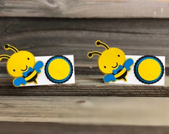 Set of 12-Yellow, Black & Bright Blue BUMBLE BEE Food/Table Tents (Place Cards)-Baby Shower/Birthday Party/New Baby-Decorations - Boy Bee