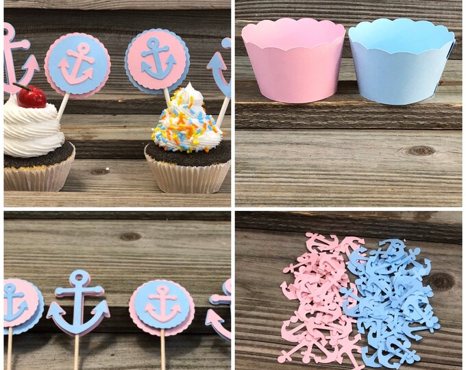 Baby Pink & Baby Blue Anchor Party Pack-Includes:Cupcake Wrappers and Toppers,Food/Party Picks and Confetti-Great Value-Wedding/Shower/Party