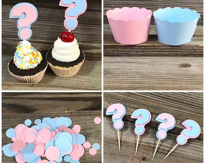 GENDER REVEAL Pink and Blue Question Mark Party Pack-Includes: Cupcake Wrappers and Toppers, Food/Party Picks and Confetti-Great Value