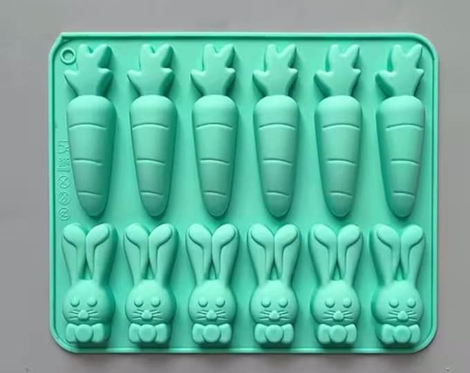 12 Cavity Easter Bunny and Carrot Silicone Mold – Baking, Chocolate, Fondant, Soap, Candle, Resin