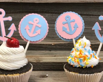 Baby Pink & Blue Anchor Party Pack: Cupcake Toppers, Wrappers, Confetti