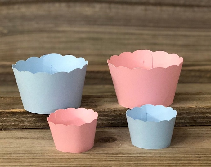 SET OF 12 Baby Pink and Baby Blue Cupcake Wrappers - Baby Shower/Birthday Party/Wedding - Matches Baby Pink and Baby Blue Designs - 2 Sizes