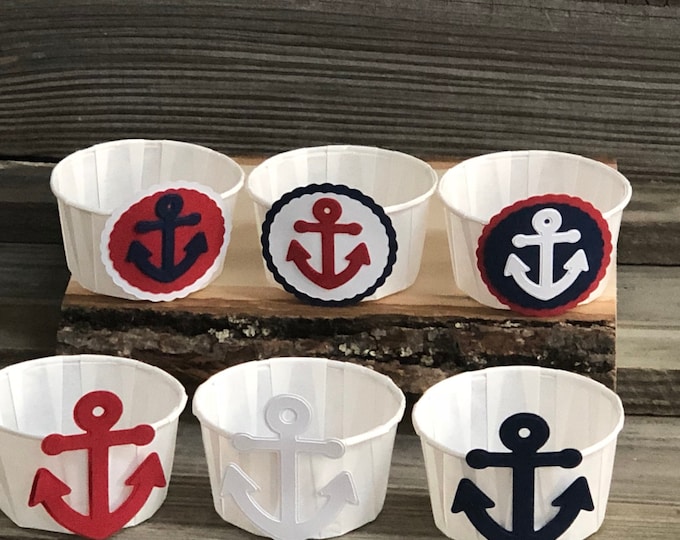 Set of 12 - Red, White and Blue Anchor Party/Treat Snack Cups - Baby Shower/Birthday Party Favors - Decorations/Nautical - 2 Designs