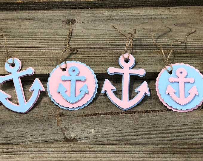 Set of 12 Baby Pink and Baby Blue Anchor Favor or Gift Tags - Baby Shower/Birthday Party - Decorations/Favors - Nautical - 2 Designs