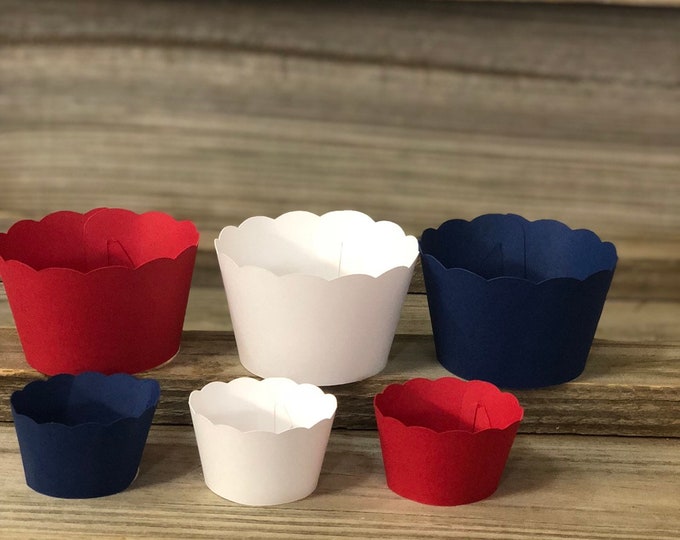 SET OF 12 Red, White and Navy Blue Cupcake Wrappers - Baby Shower/Birthday Party/Wedding - Matches Red, White and Navy Blue Design - 2 Sizes