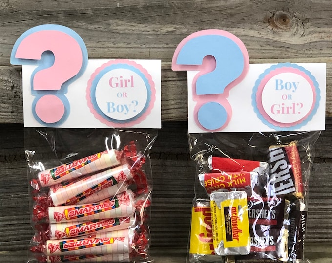 Set of 12 GENDER REVEAL Baby Pink and Baby Blue Question Mark Favor Bag Toppers-Cellophane Treat/Favor Bags Included-Baby Shower