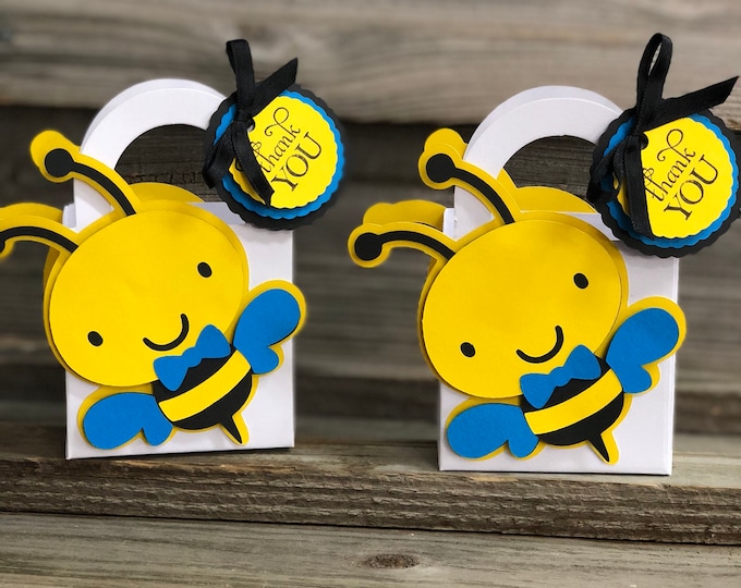 Set of 12 - Yellow, Black & Bright Blue BUMBLE BEE Favor Bags with Handles-Baby Shower/Birthday Party-Favors-Treat Bags-Decorations- Boy Bee